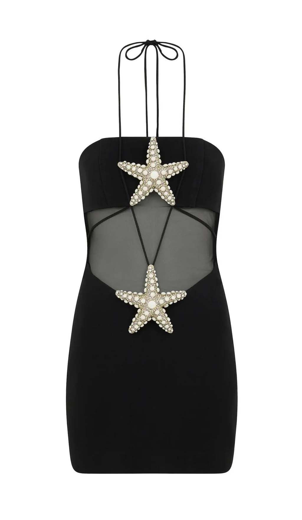 Crystal Starfish Halter Mini Dress In Black