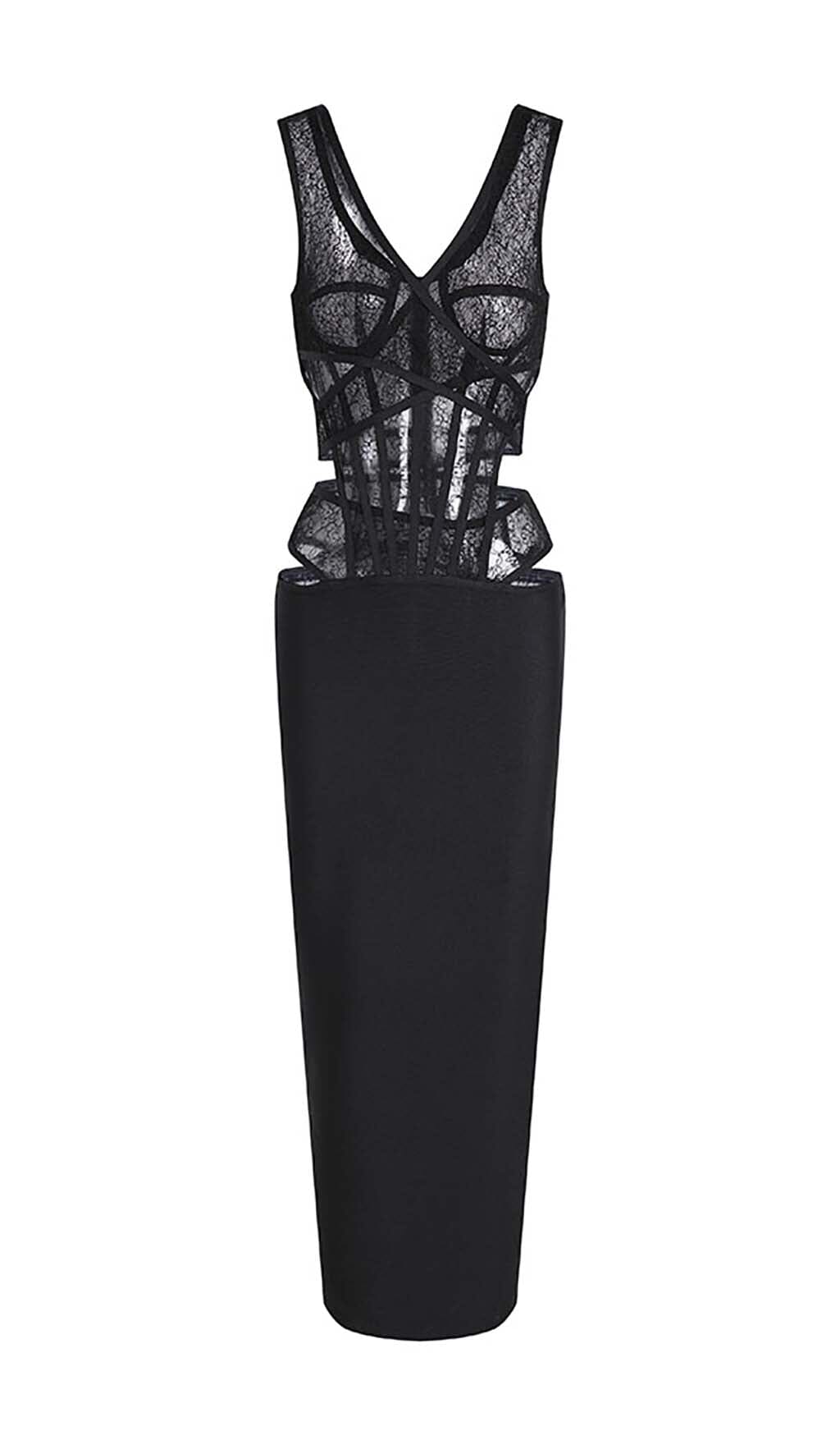 Cut-Out Tulle Corset Maxi Dress In Black