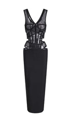 Cut-Out Tulle Corset Maxi Dress In Black