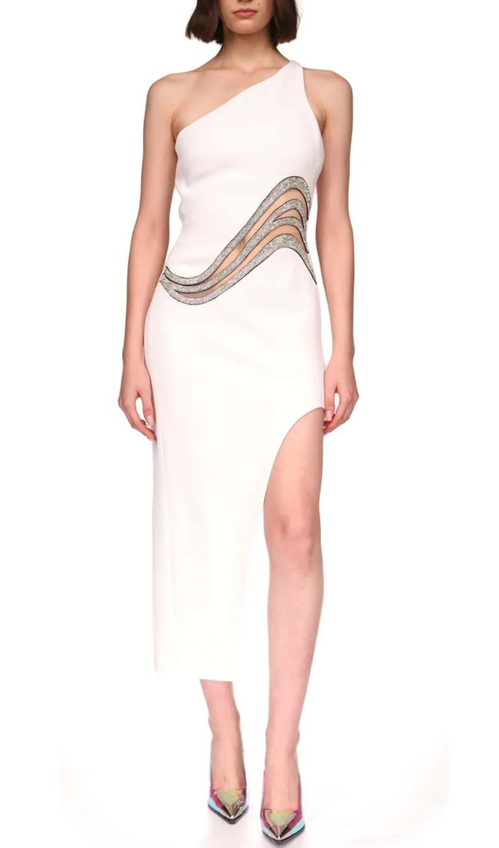 Cutout CrystalS High-Low Dress In White