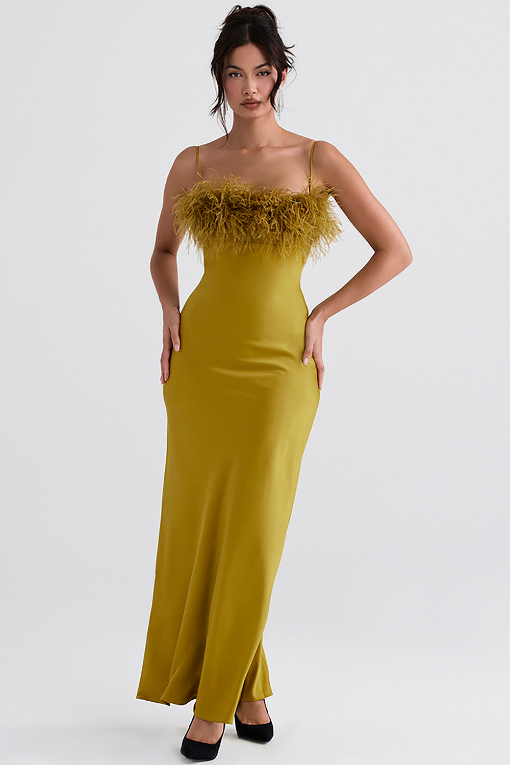 Chartreuse Strappy FeaTher-Trim Maxi Dress