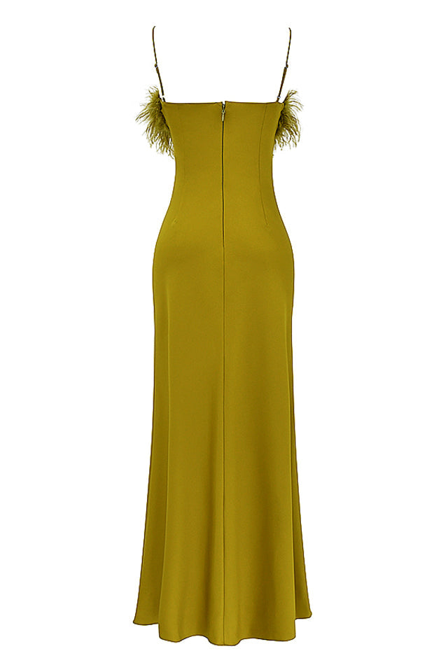 Chartreuse Strappy FeaTher-Trim Maxi Dress