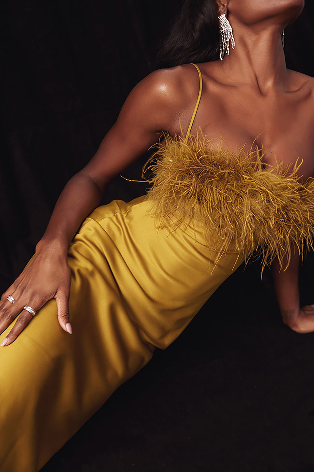 Chartreuse Strappy FeaTher-Trim Maxi Dress