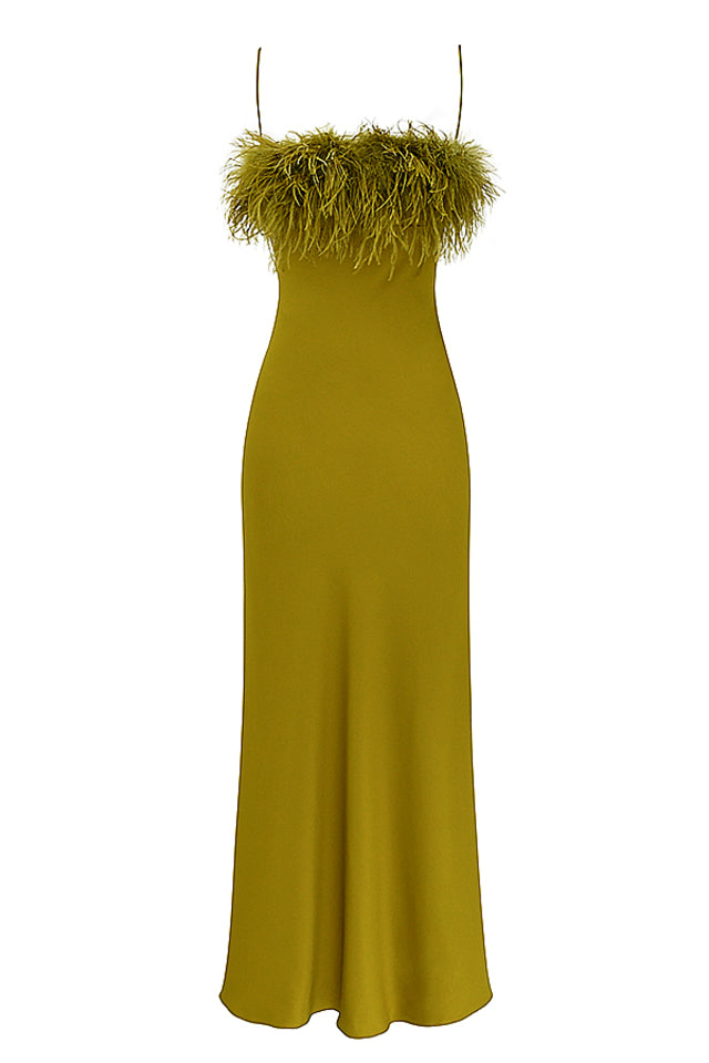 Chartreuse Strappy FeaTher-Trim Maxi Dress