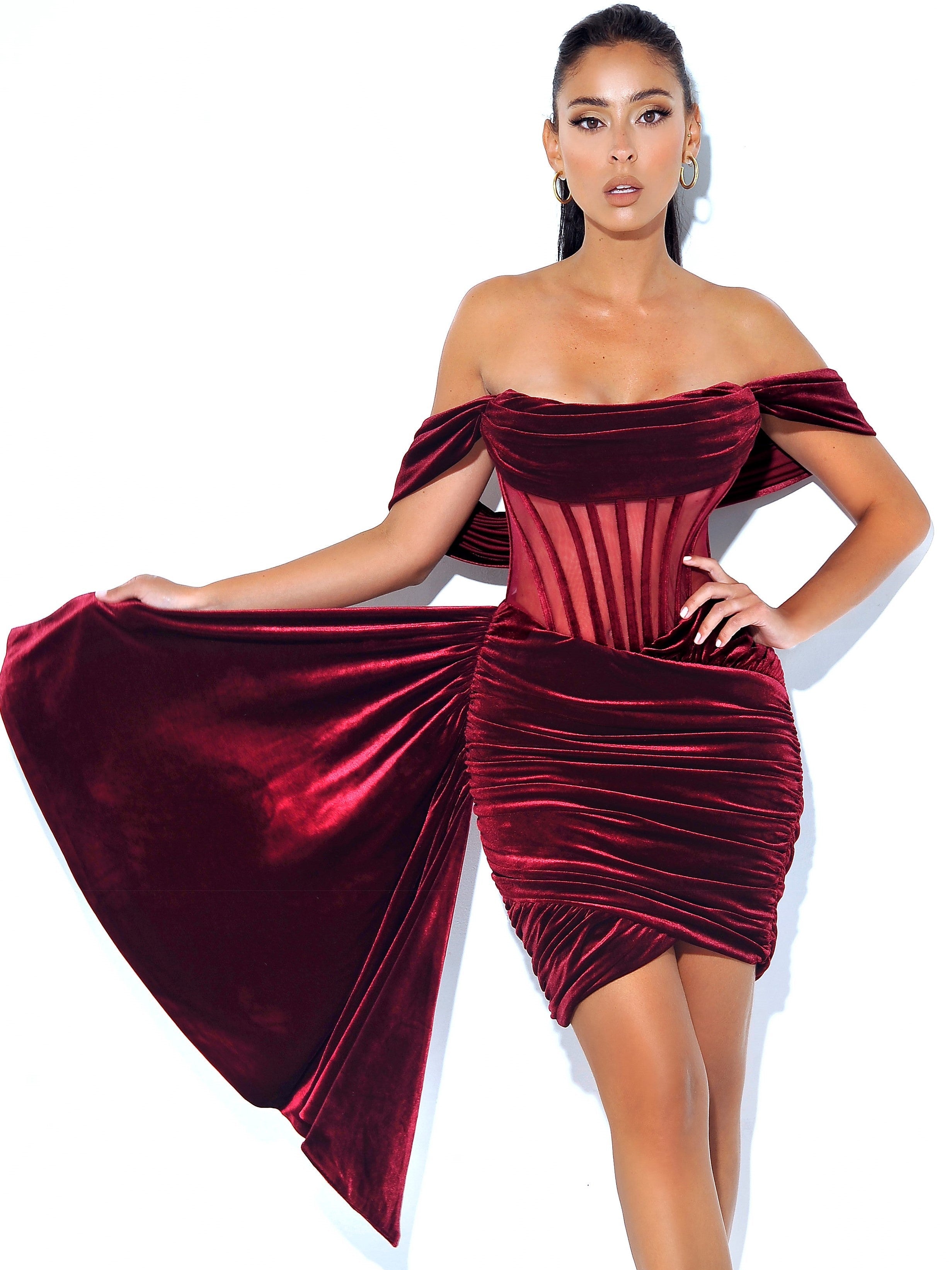 IRISA Burgundy DraPInG Off Shoulder Corset Dress