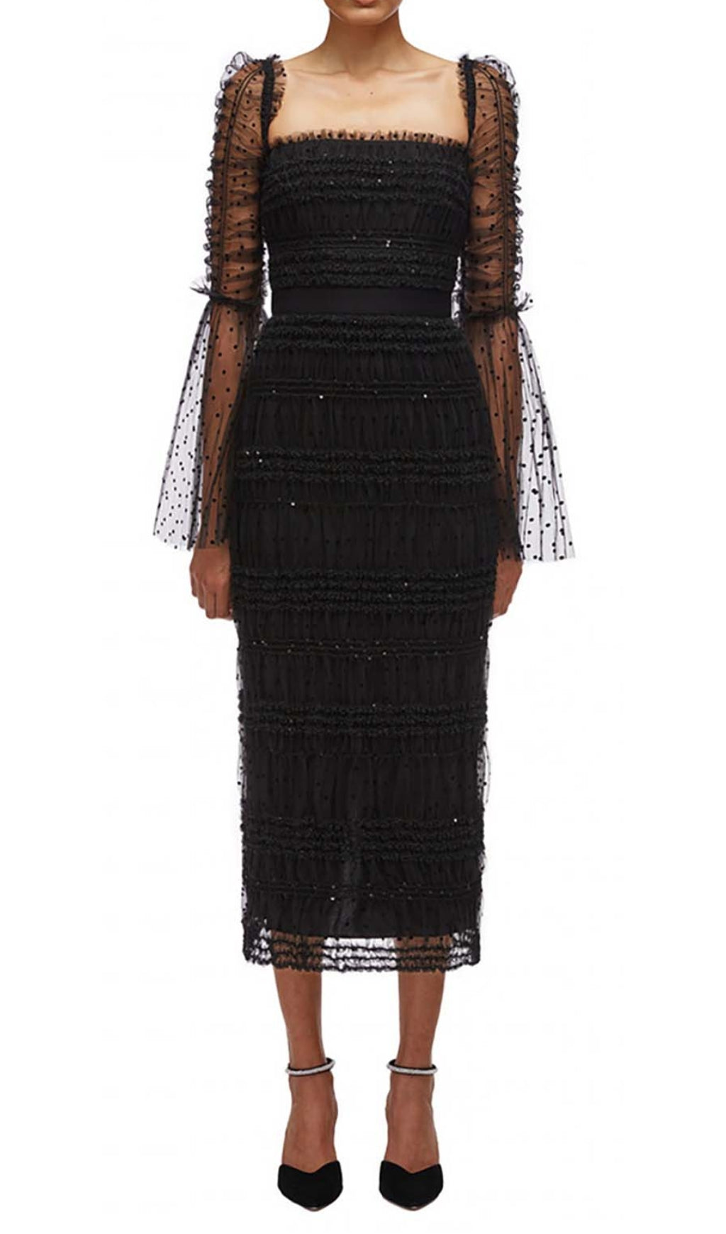 Dot Mesh Midi Dress In Black