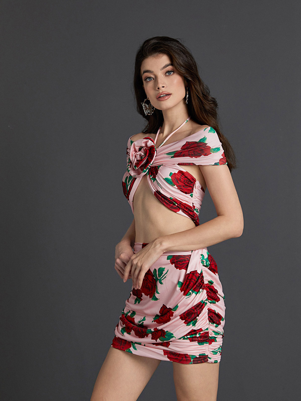 HalterNeck Rose Printed Skirt Set