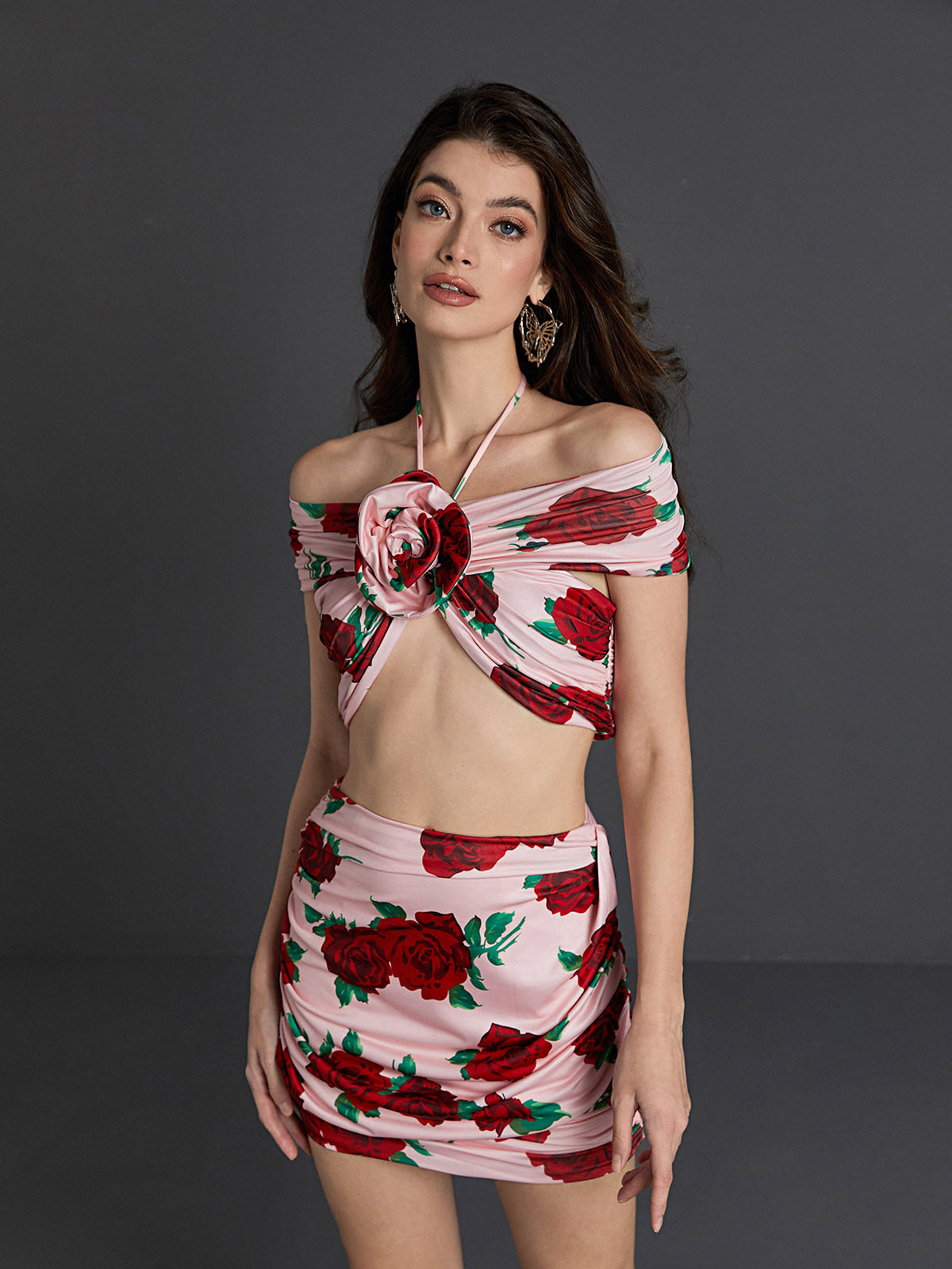 HalterNeck Rose Printed Skirt Set