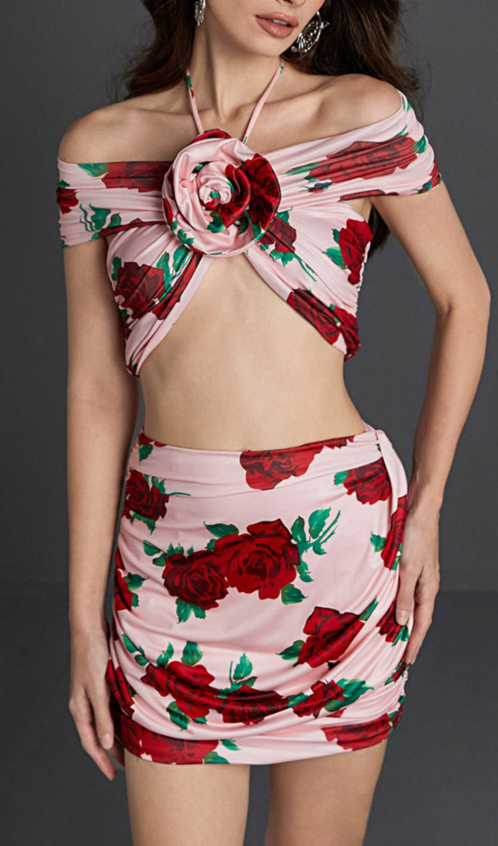 HalterNeck Rose Printed Skirt Set