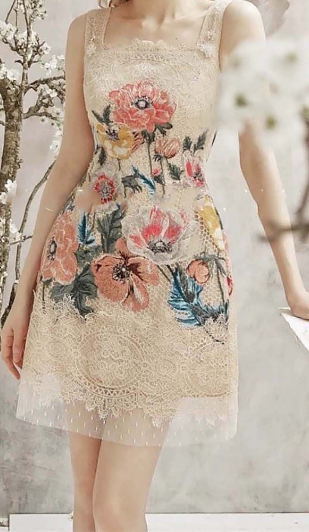 Embroidery Flower Lace Midi Dress In Beige