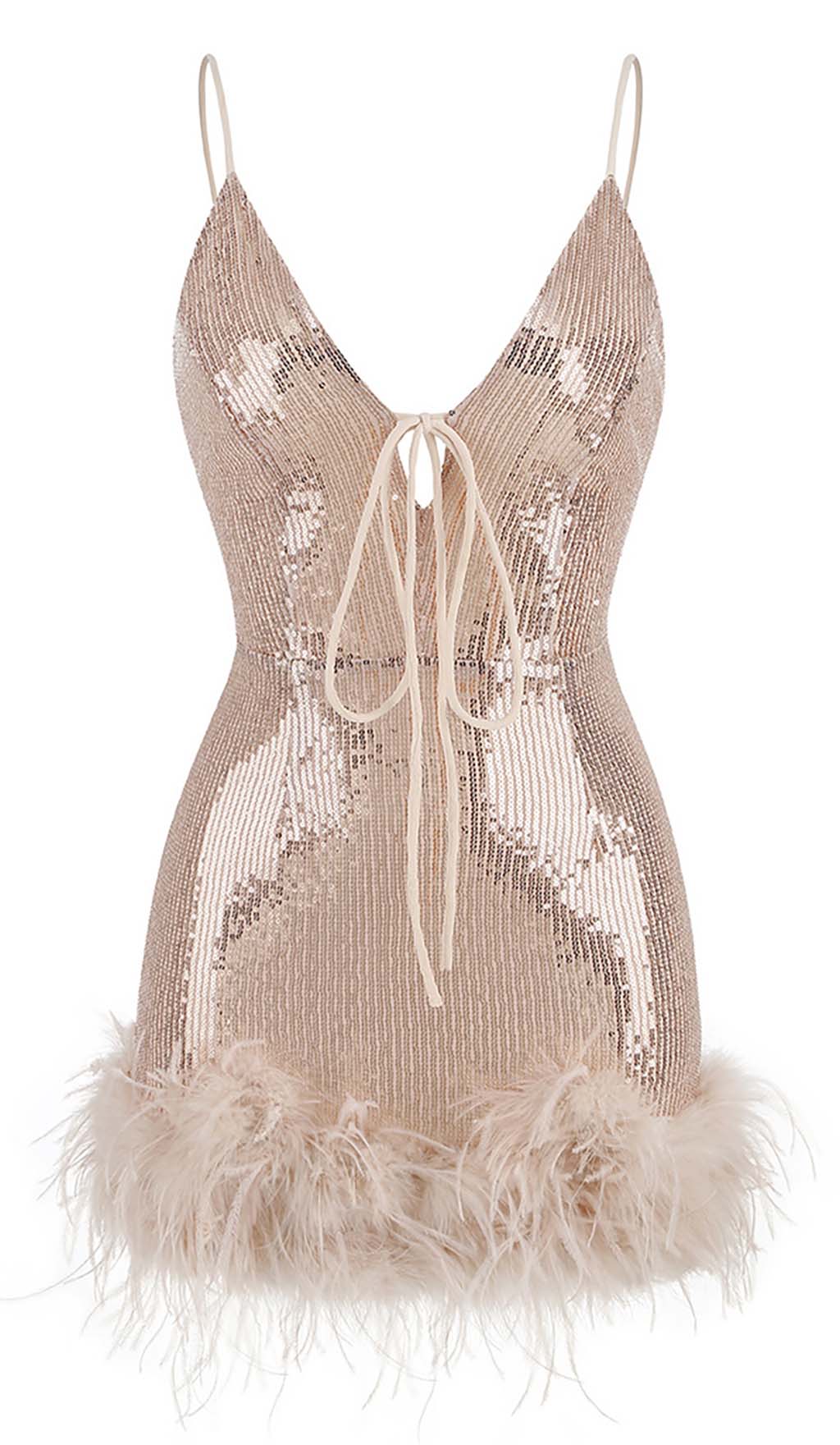 FeaTher Plunge Mini Dress In CreamY Beige