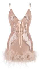 FeaTher Plunge Mini Dress In CreamY Beige