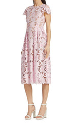 Floral Lace Embroidered Midi Dress In Pink