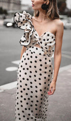 Cross-Shoulder Fishtail Dress In POLKA Dot