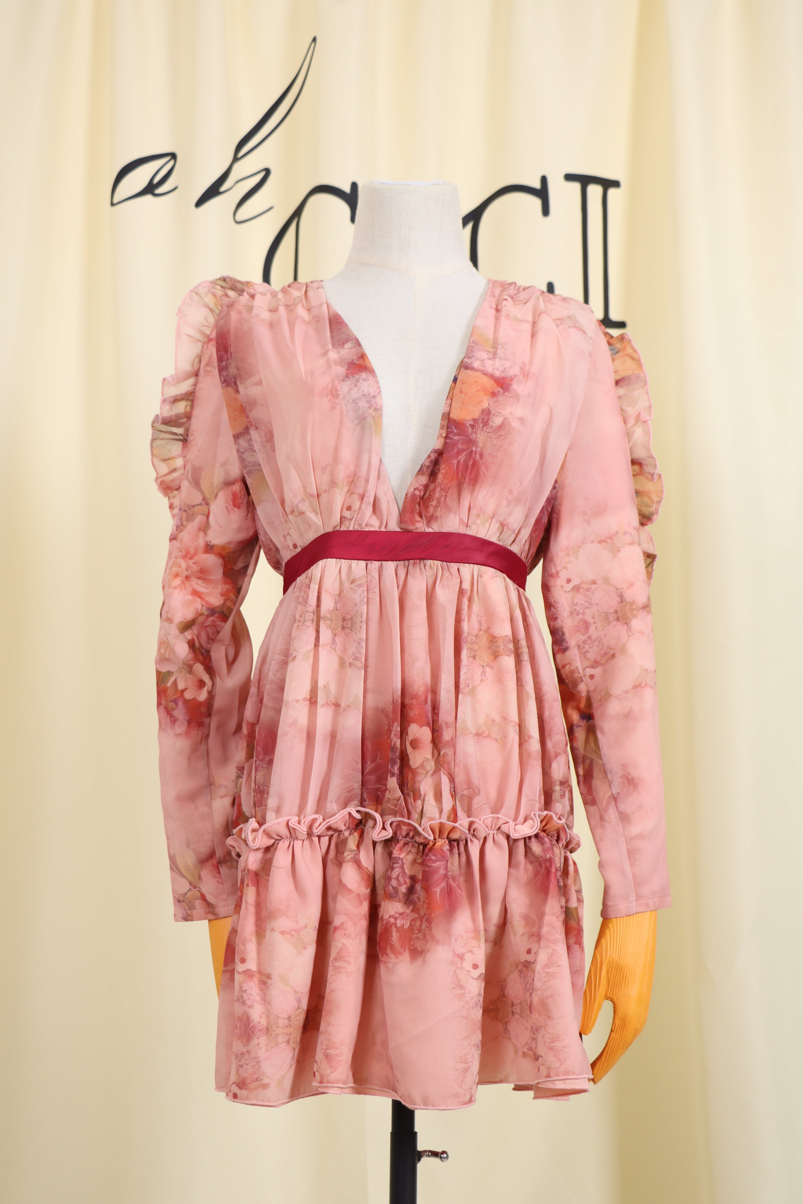 Pink Long Sleeve Print Mini Dress