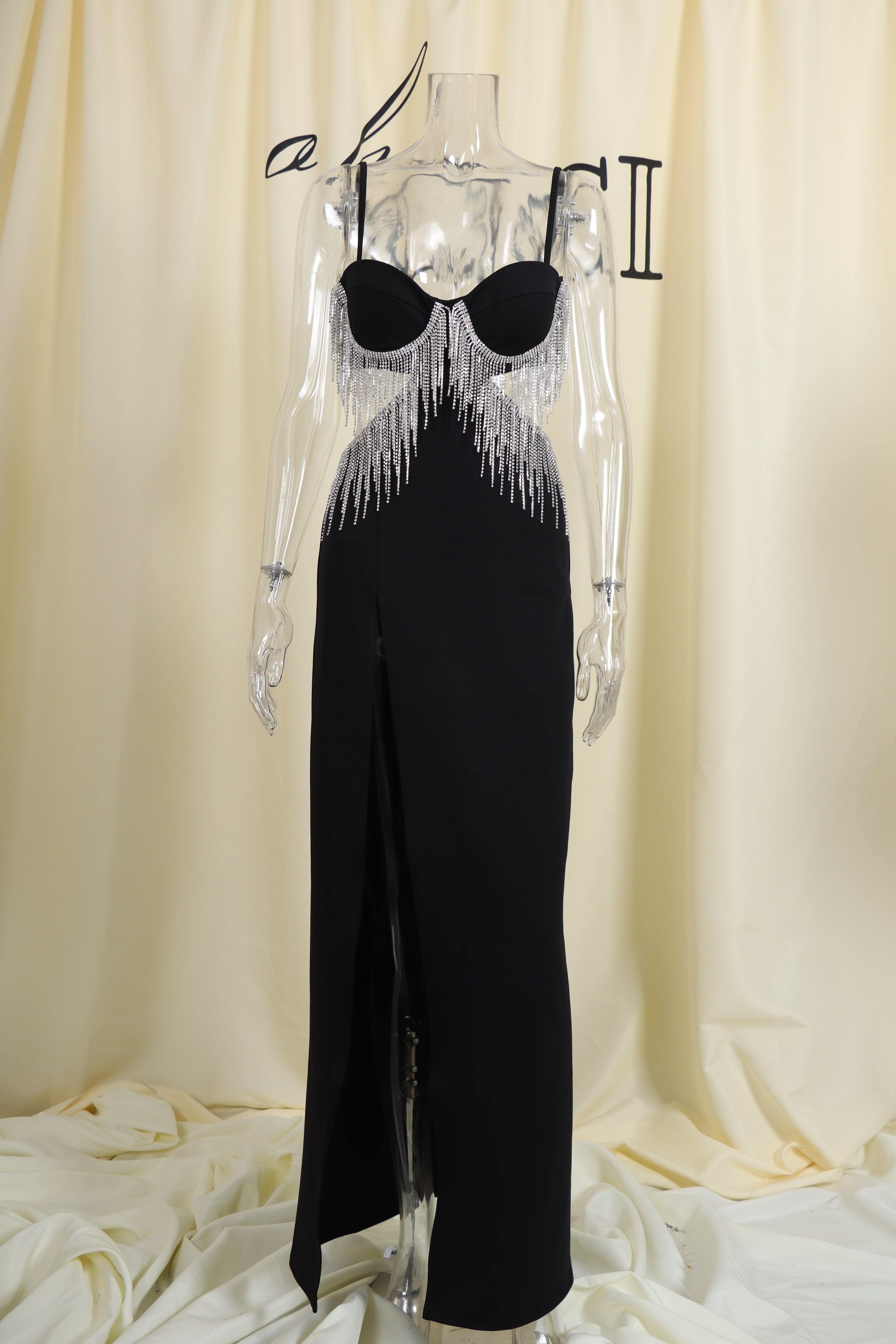 Black Diamond Tassel Slit Maxi Dress