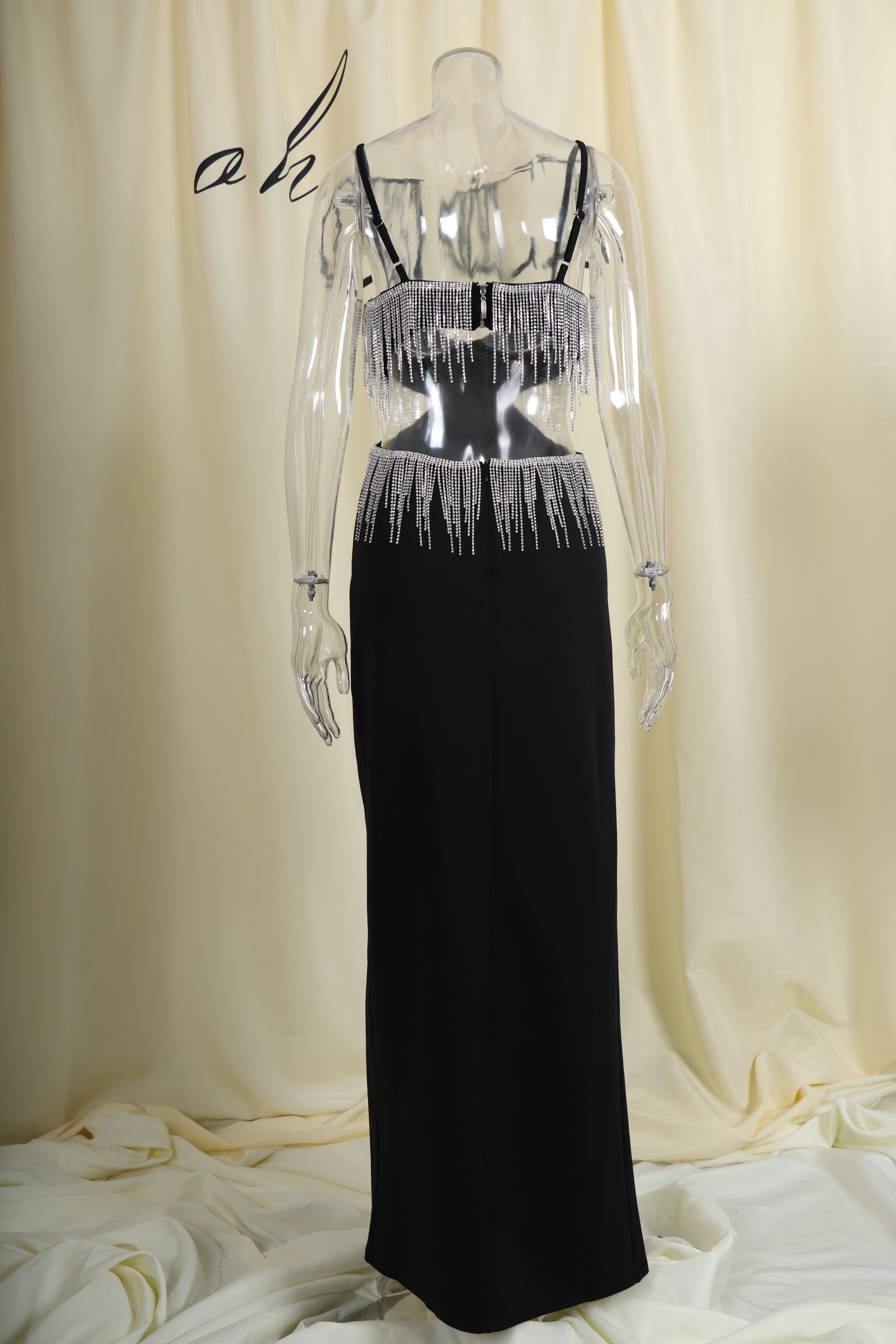 Black Diamond Tassel Slit Maxi Dress