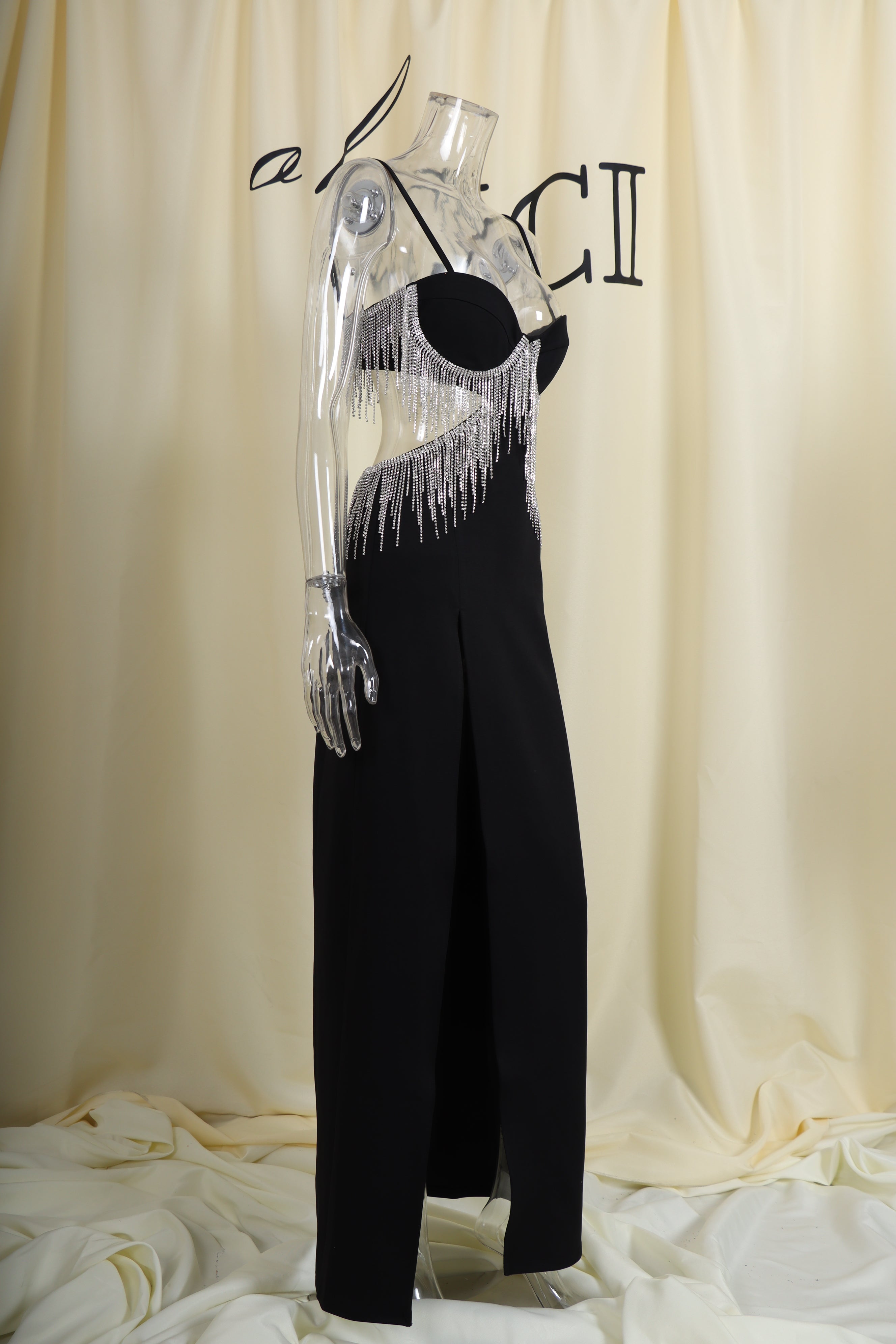 Black Diamond Tassel Slit Maxi Dress