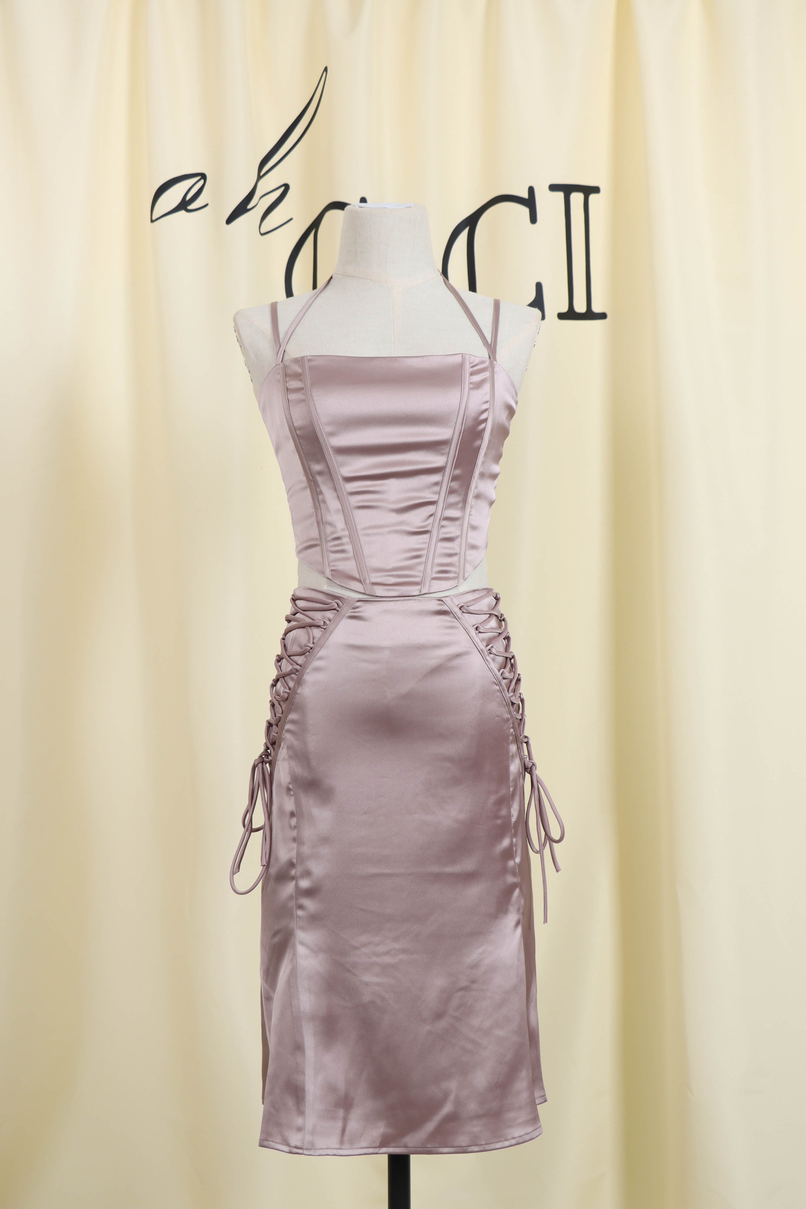 Coffee Satin Lace UP Midi Skirt