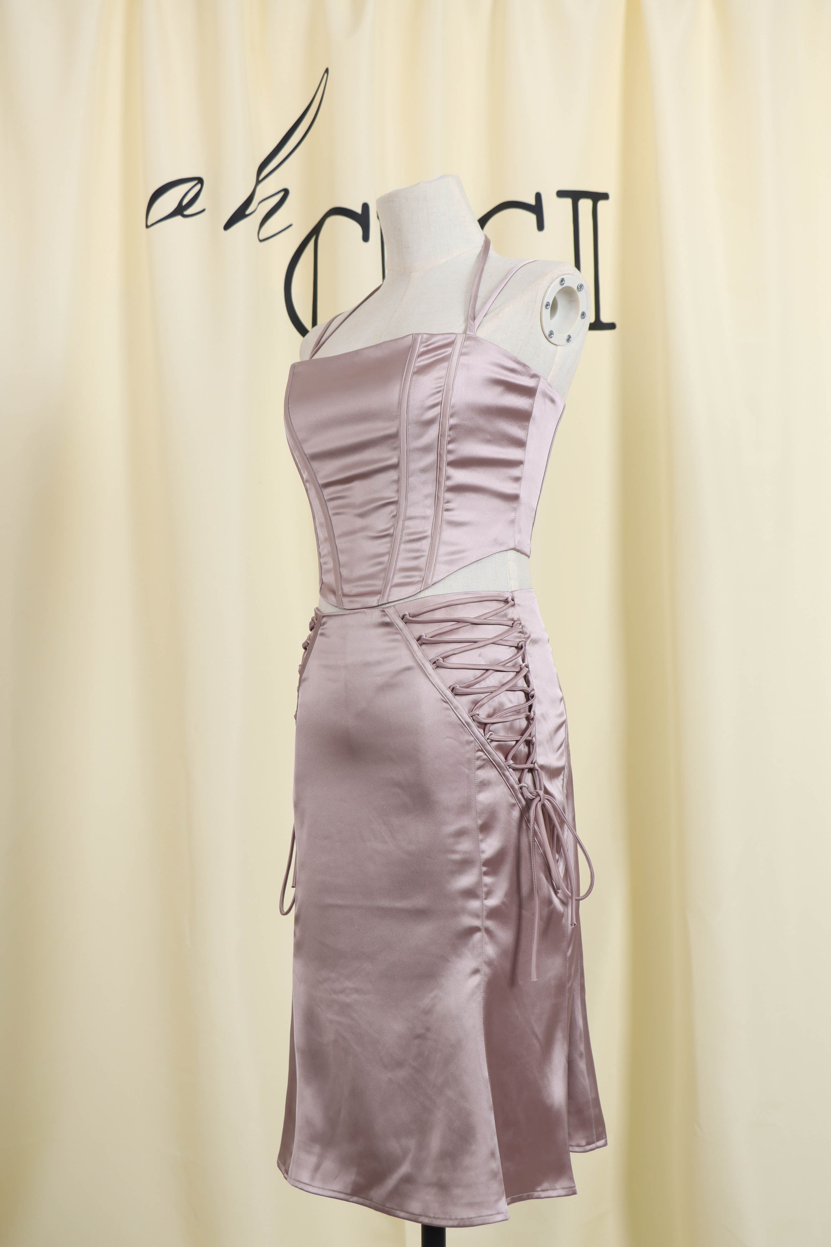 Coffee Satin Lace UP Midi Skirt