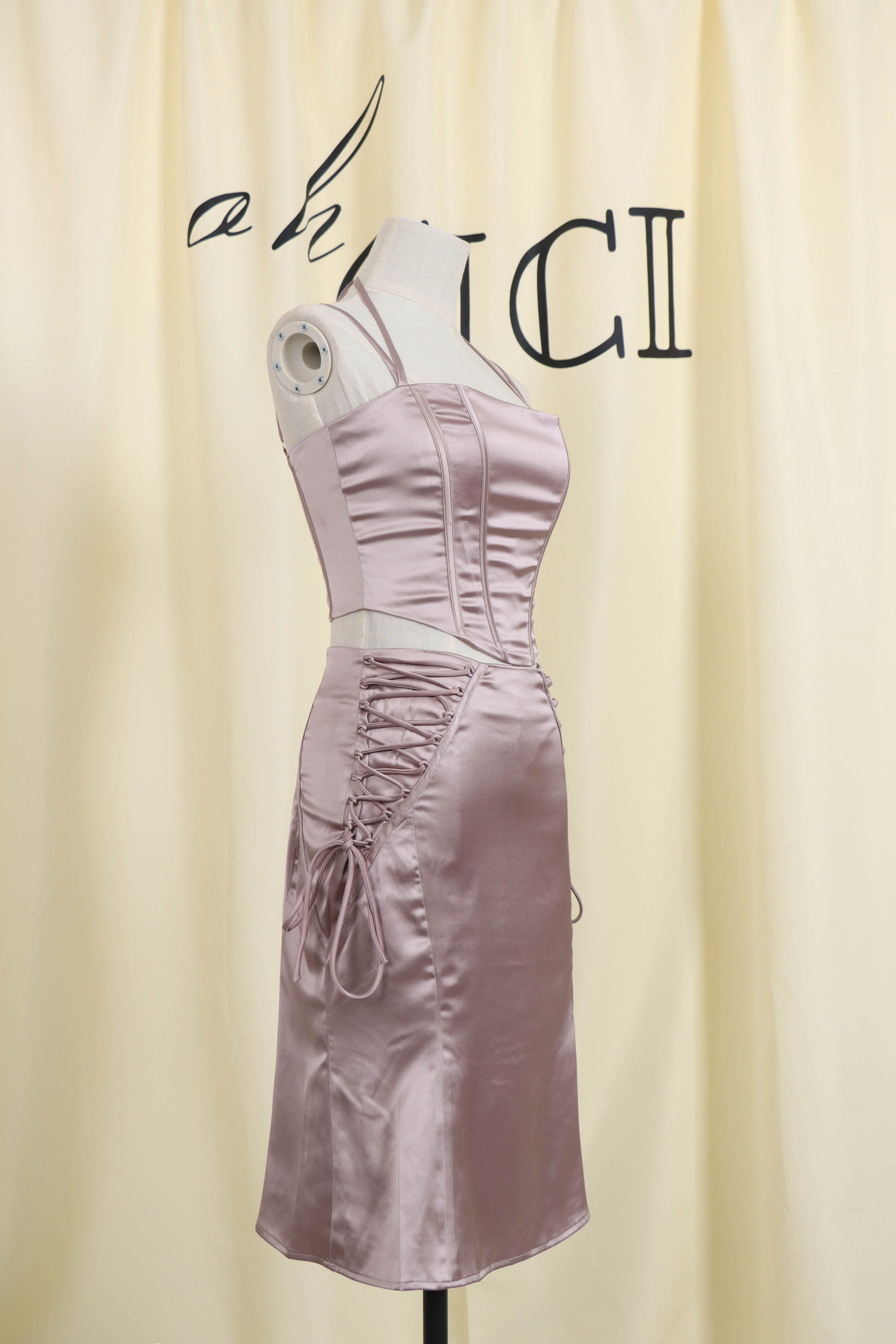 Coffee Satin Lace UP Midi Skirt