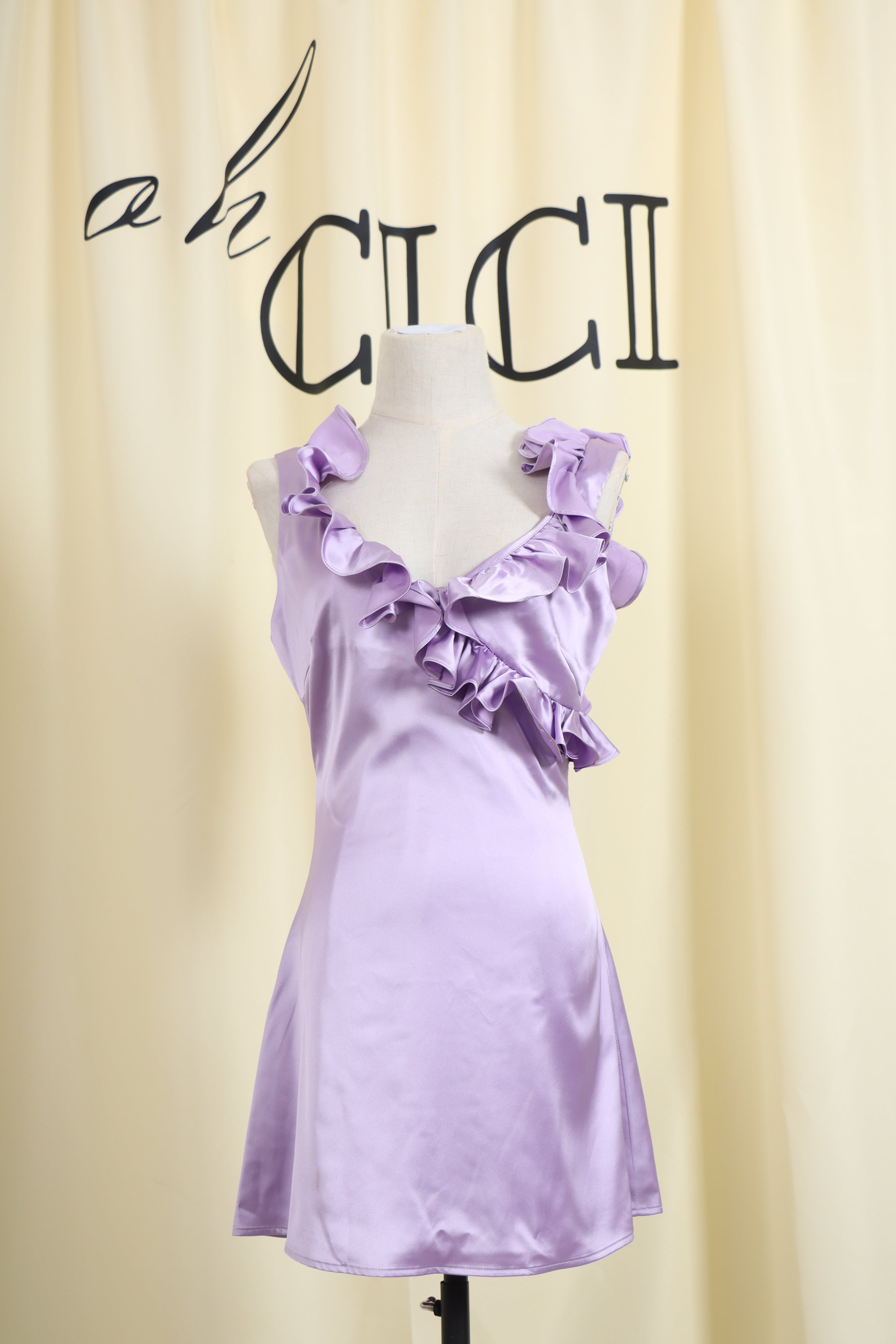 Purple Satin Ruffle Backless Mini Dress