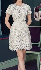 Lace Hollow Out Midi Dress In White