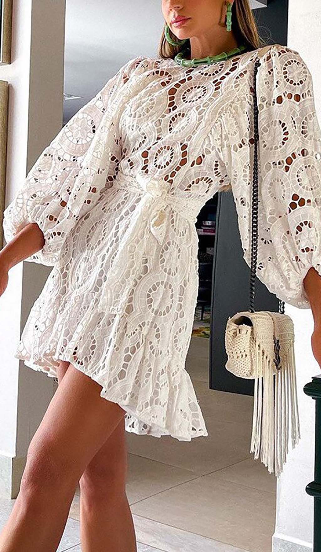 Lantern Sleeve Mini Dress In White