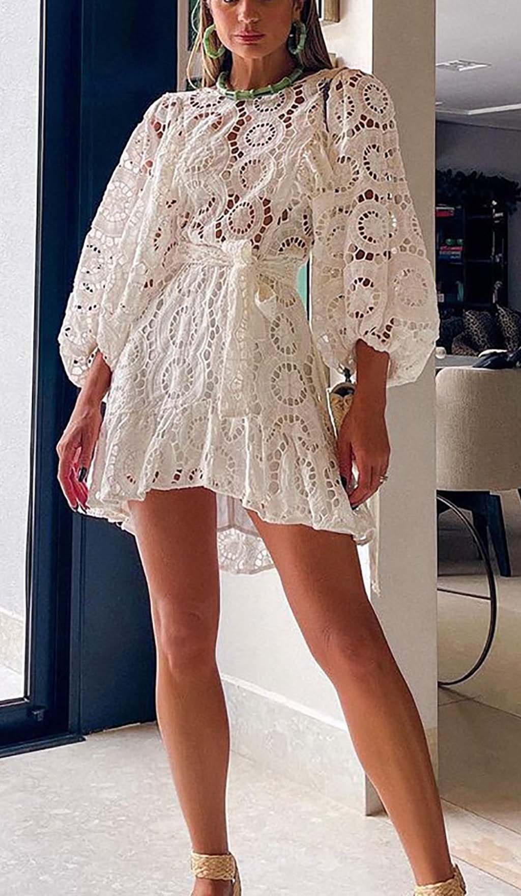 Lantern Sleeve Mini Dress In White