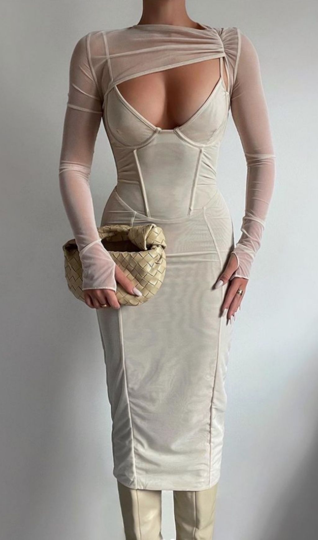 Long Sleeve Midi Dress In Beige – Krzno
