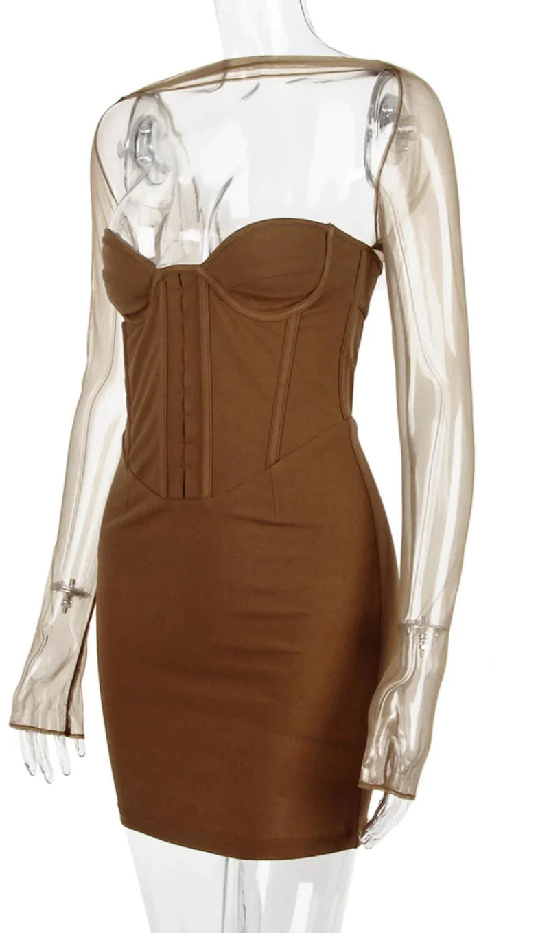 Long Sleeve Mini Dress In Brown