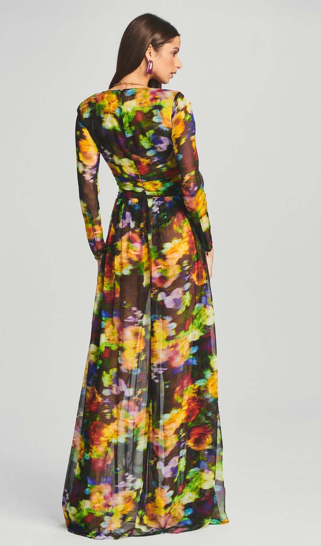 Long Sleeve Chiffon Maxi Dress In Multicolor