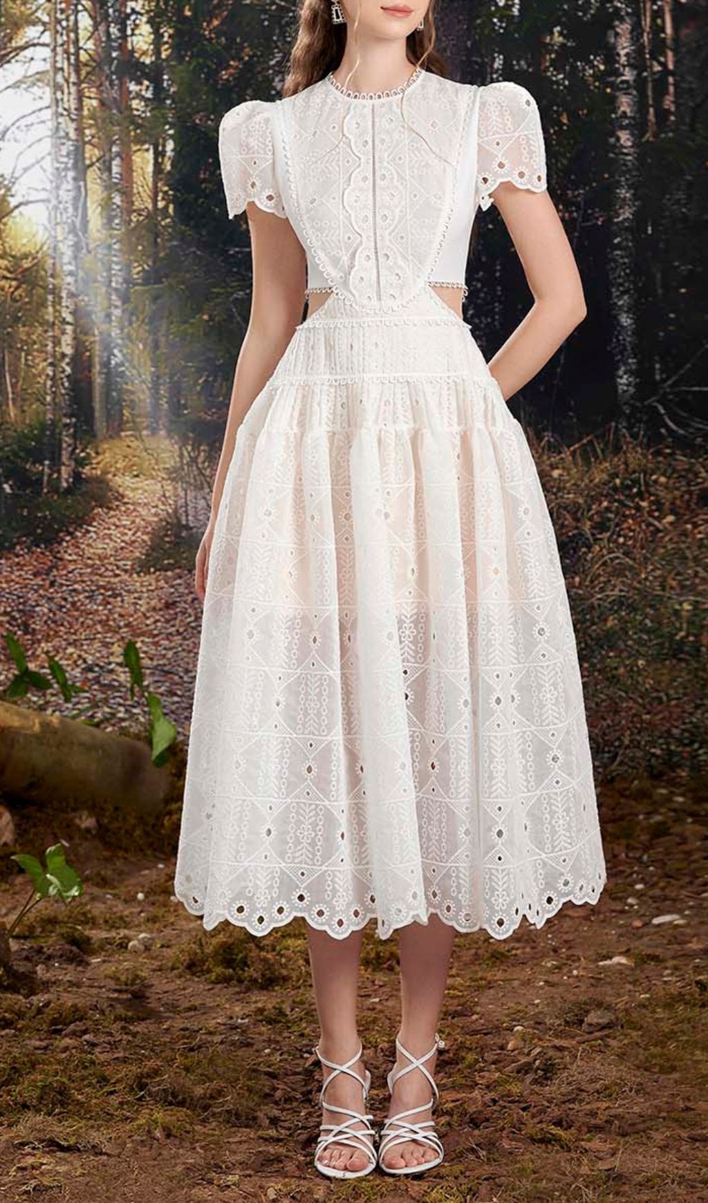 Cut Out Lace Detail Midi Dress In White