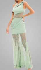 Light Green Lace Satin Off Shoulder Maxi Dress