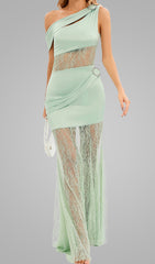 Light Green Lace Satin Off Shoulder Maxi Dress