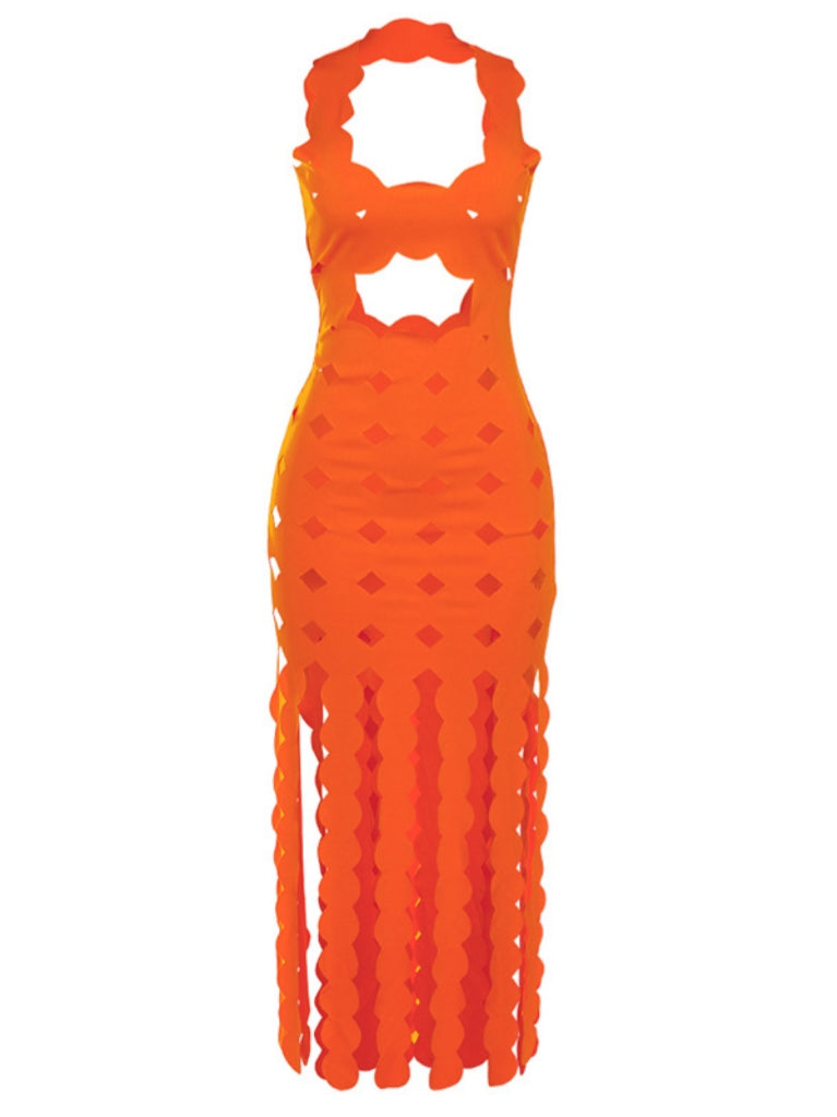 Circle Cutout Fringe Maxi Dress In Orange