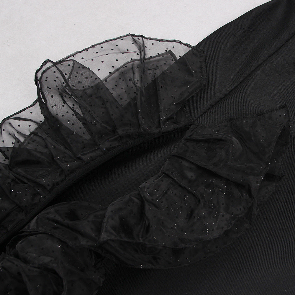 Black V Neck Ruffle Sleeveless Split Bandage Dress