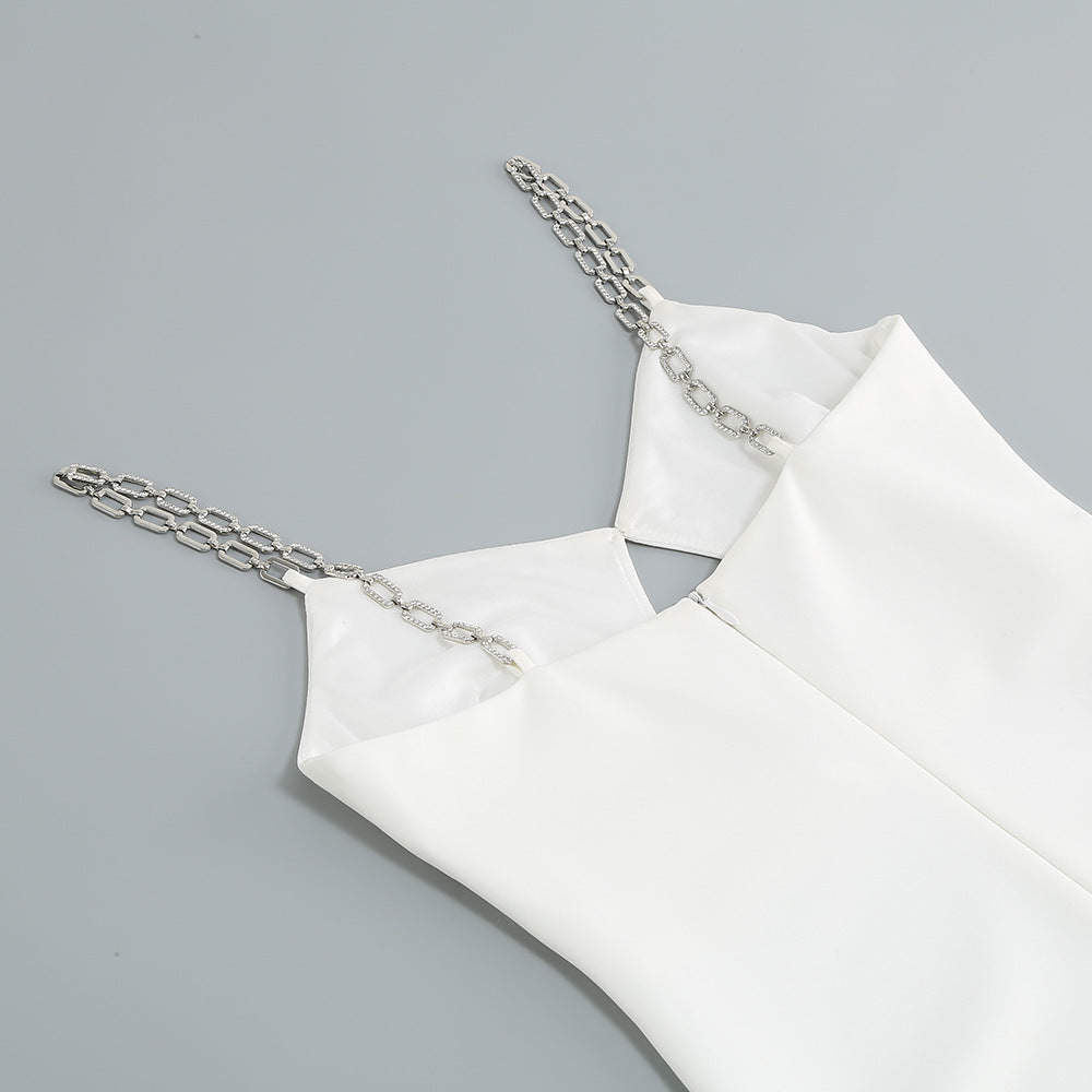 White Spaghetti Strap DiamondS Slit Dress