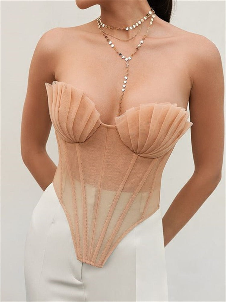 Shell Mesh Lace UP Corset Top In Beige