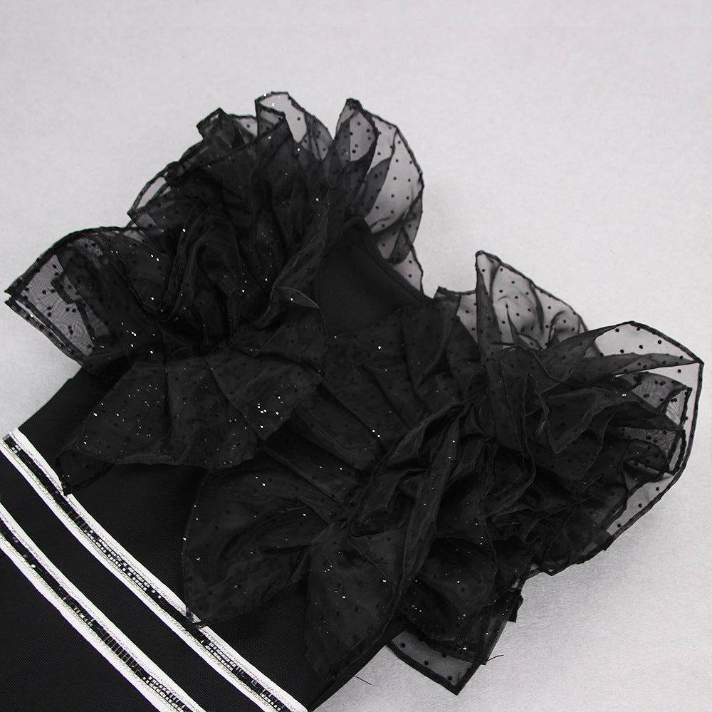 Black V Neck Ruffle Sleeveless Split Bandage Dress
