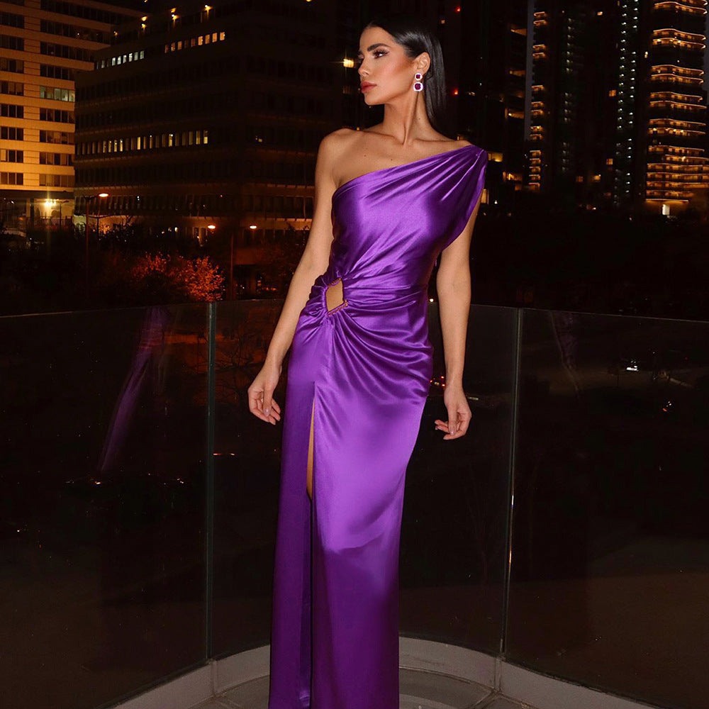 Purple One Shoulder Midi Hollow Out Bodycon Dress