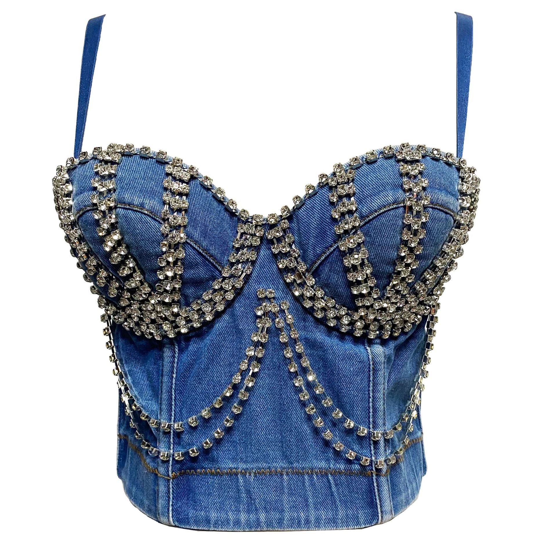 Denim Crystal Chain Crop Top