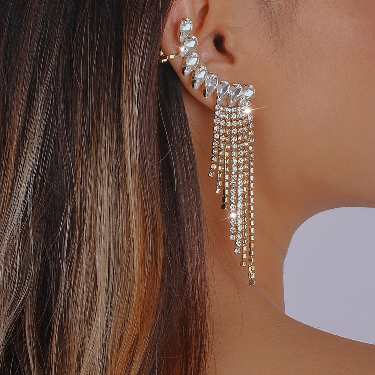 Gold Rhinestone Tassel Geometric Earrings