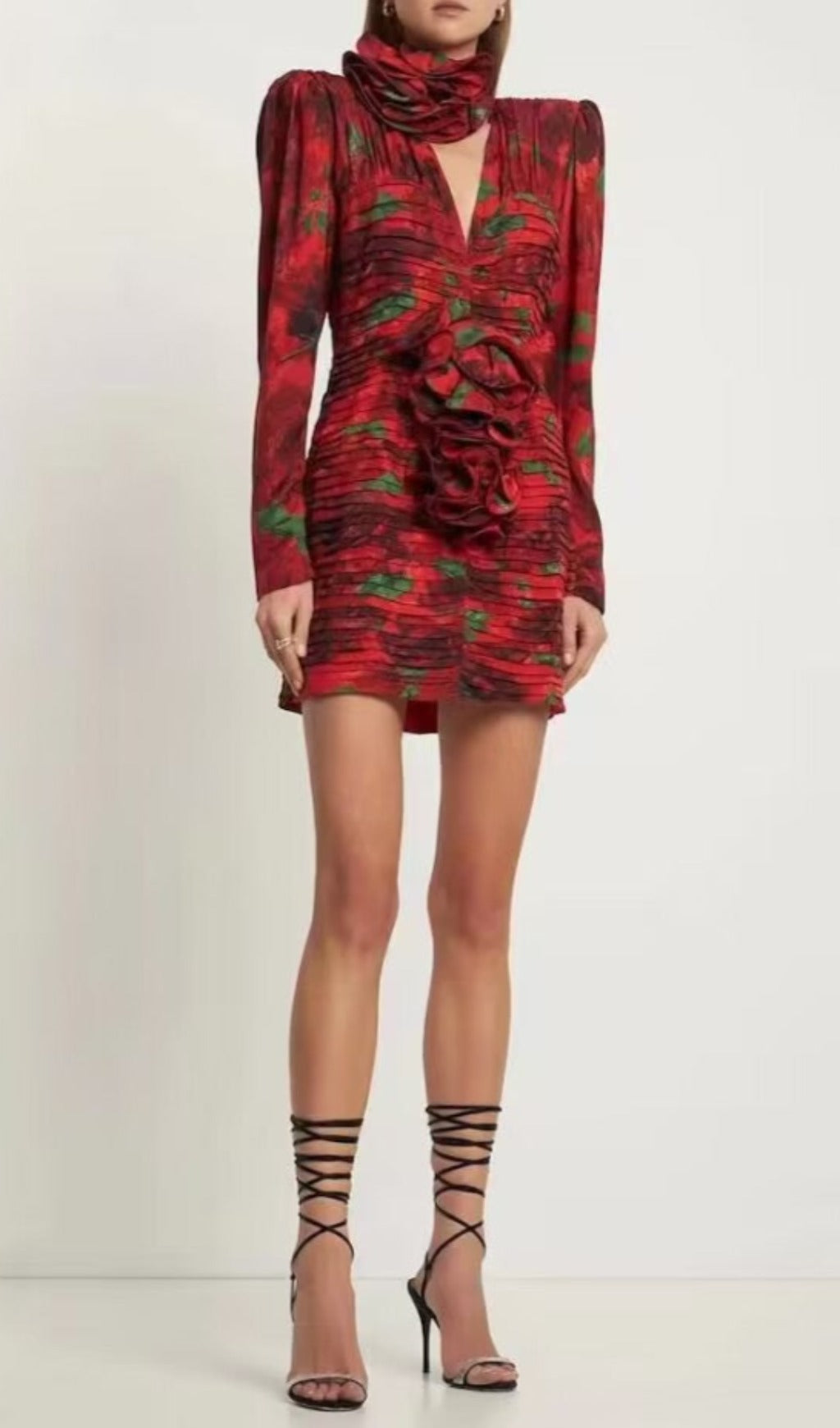 V Neck Rose Printed Mini Dress