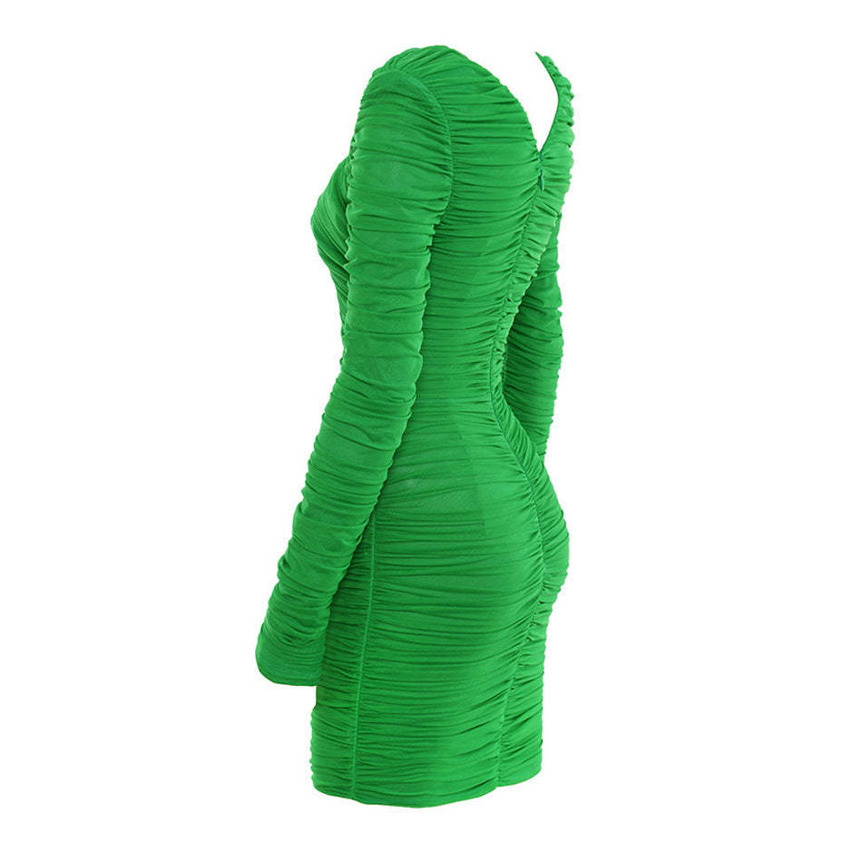 Plunge Ruched Mini Dress In Green