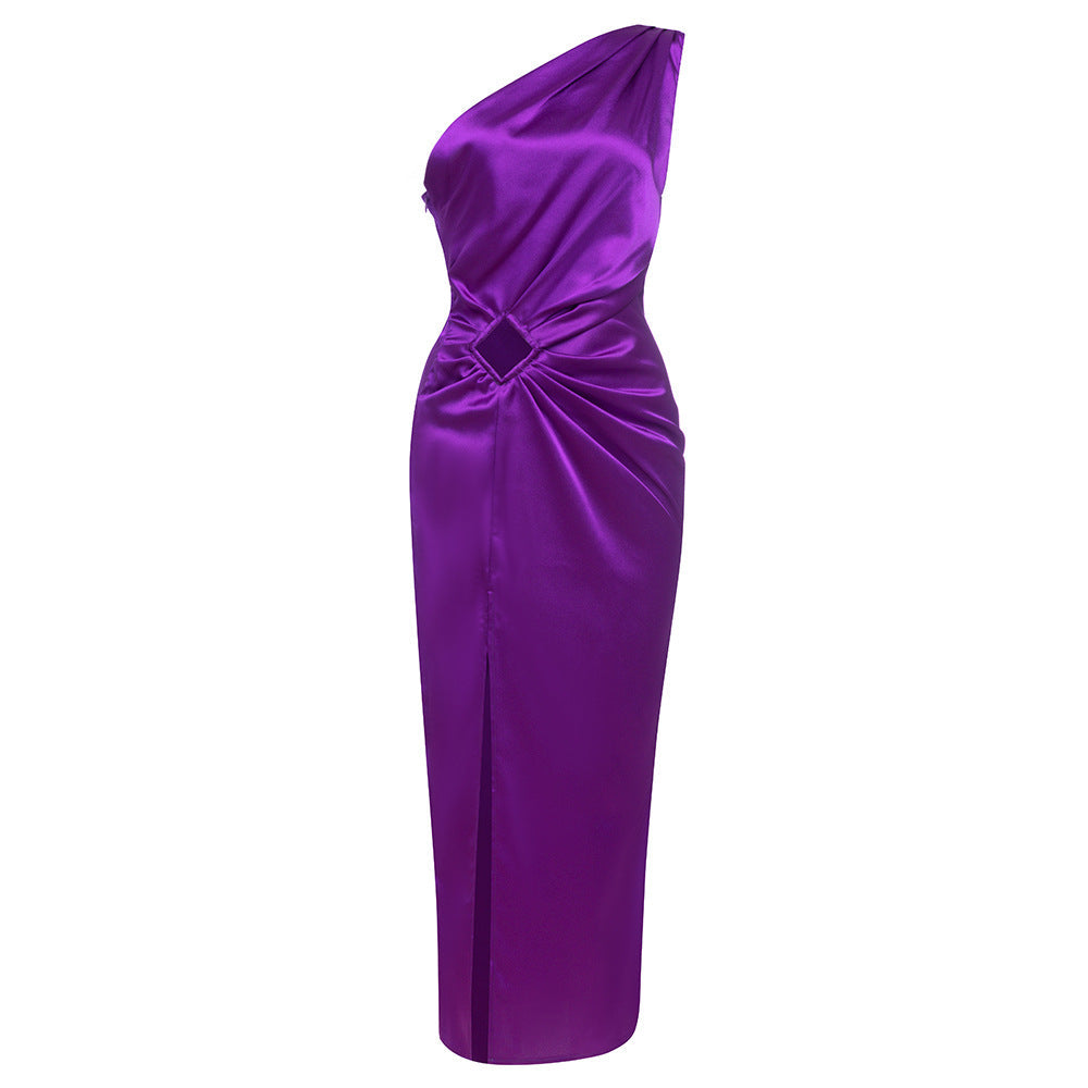 Purple One Shoulder Midi Hollow Out Bodycon Dress