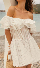 Off-Shoulder Print Mini Dress In White