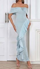 Off Shoulder Ruffled Maxi Dress In TInGeD Blue