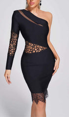 One Shoulder Insert Lace Midi Dress In Black