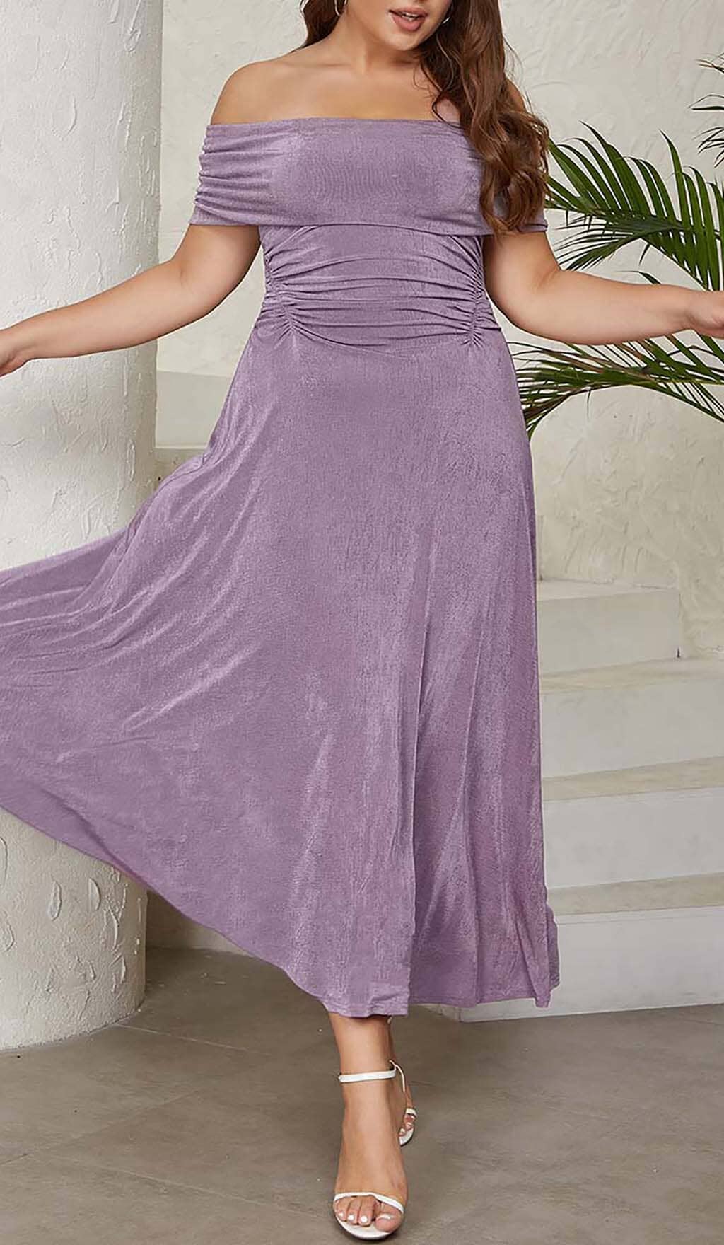 Plus Off Shoulder Midi Dress In Purple